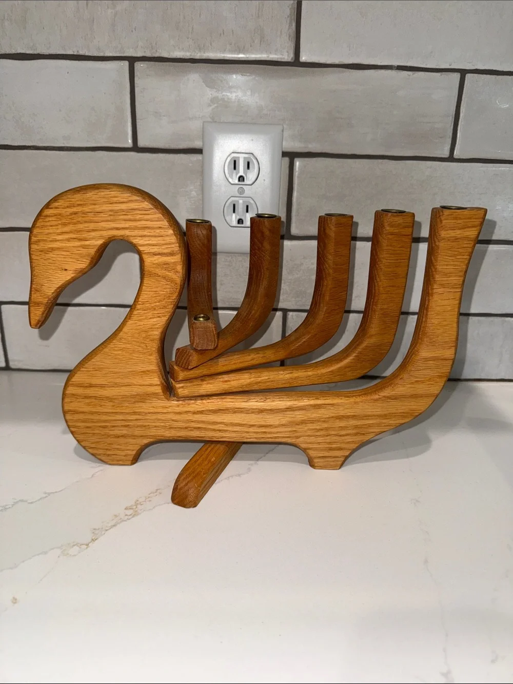 Vintage MCM Danish Wood Candle Candelabra Holder Goose Swan Scandinavian Folkart